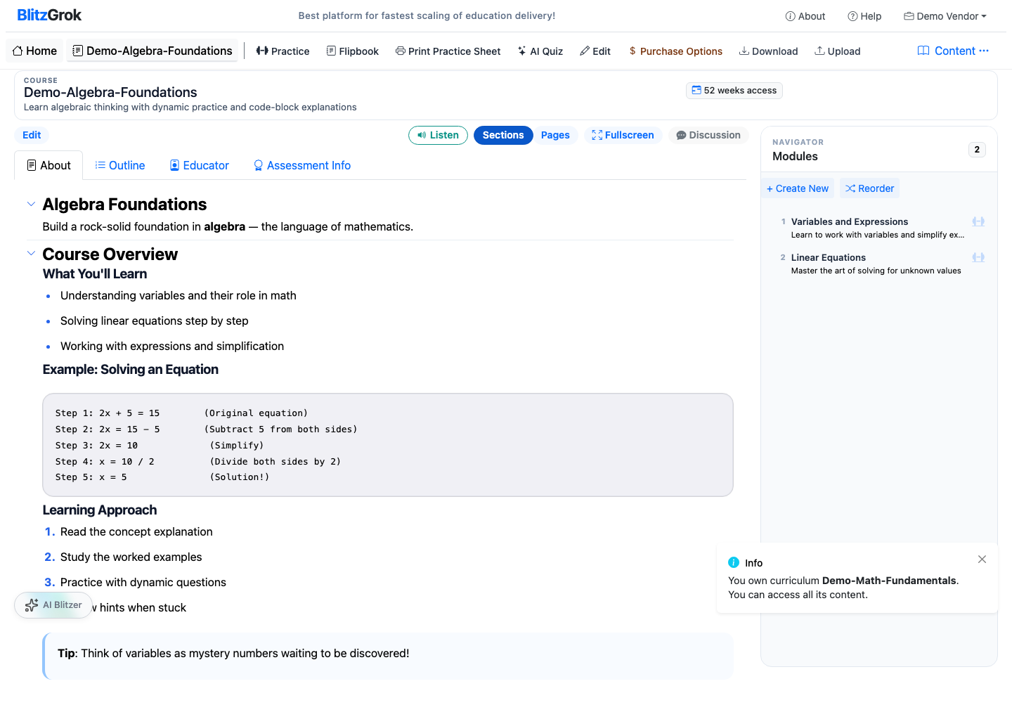 Course page with Assessment Info tab