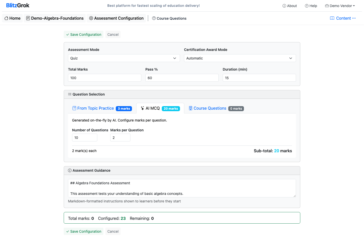 AI MCQ tab in assessment editor