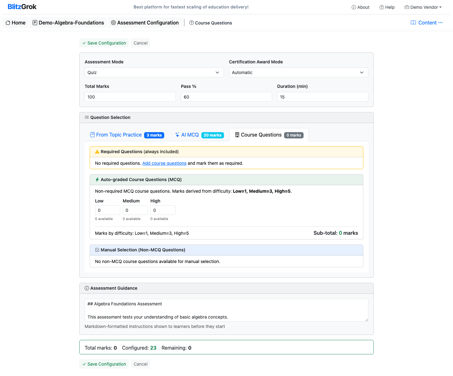 Course Questions tab in assessment editor